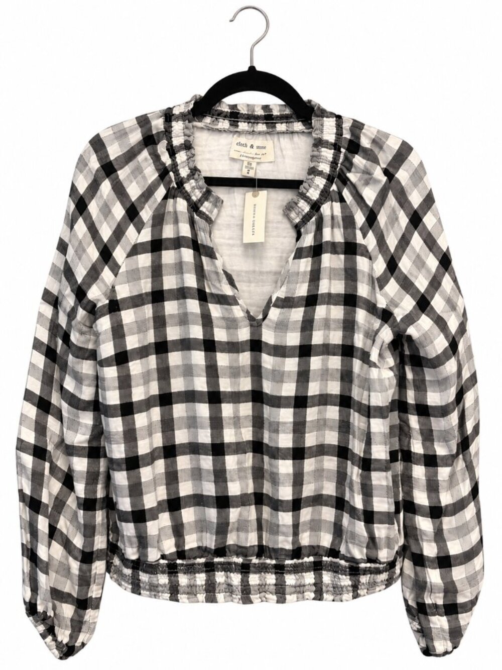 NWT Cloth & Stone Anthropologie Plaid Smocked Blouse Women's M Black White